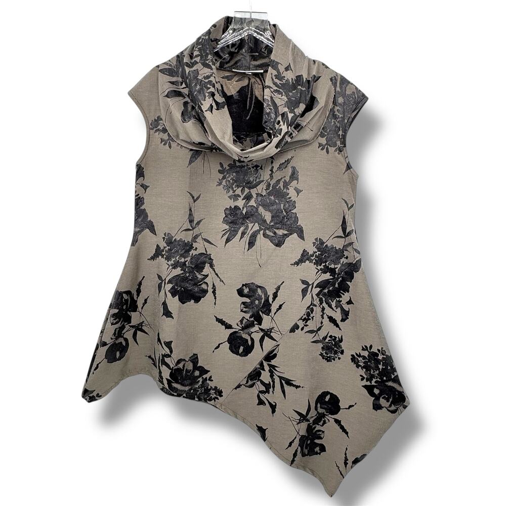 Bryn Walker Noa tunic small cowlneck cap sleeve lagenlook black brocade floral